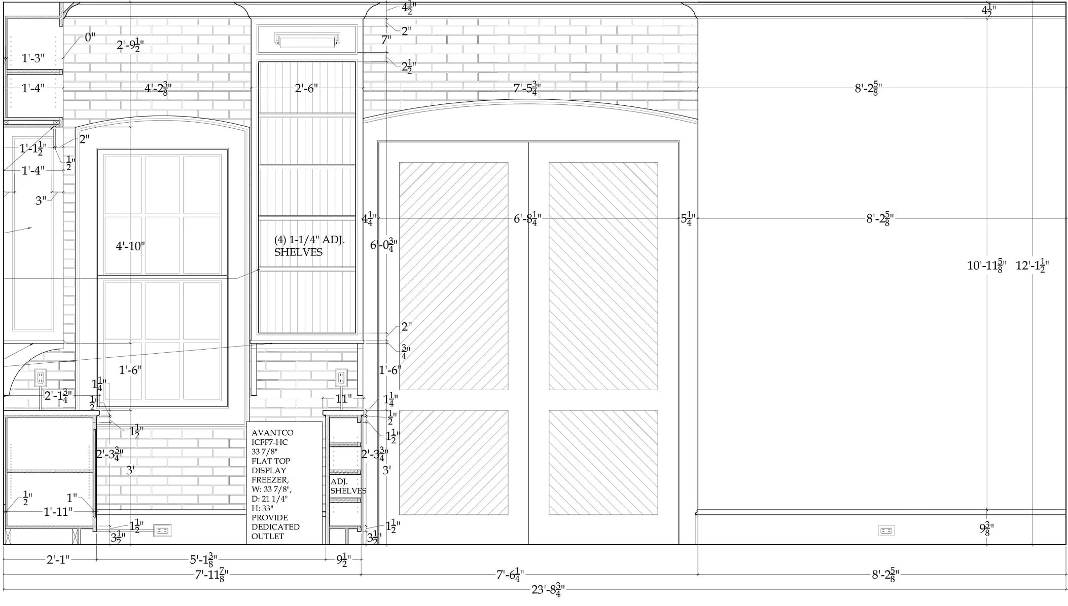 Detailed architectural blueprint of a building interior, including measurements, shelves, doors, electrical outlets, and note annotations.
