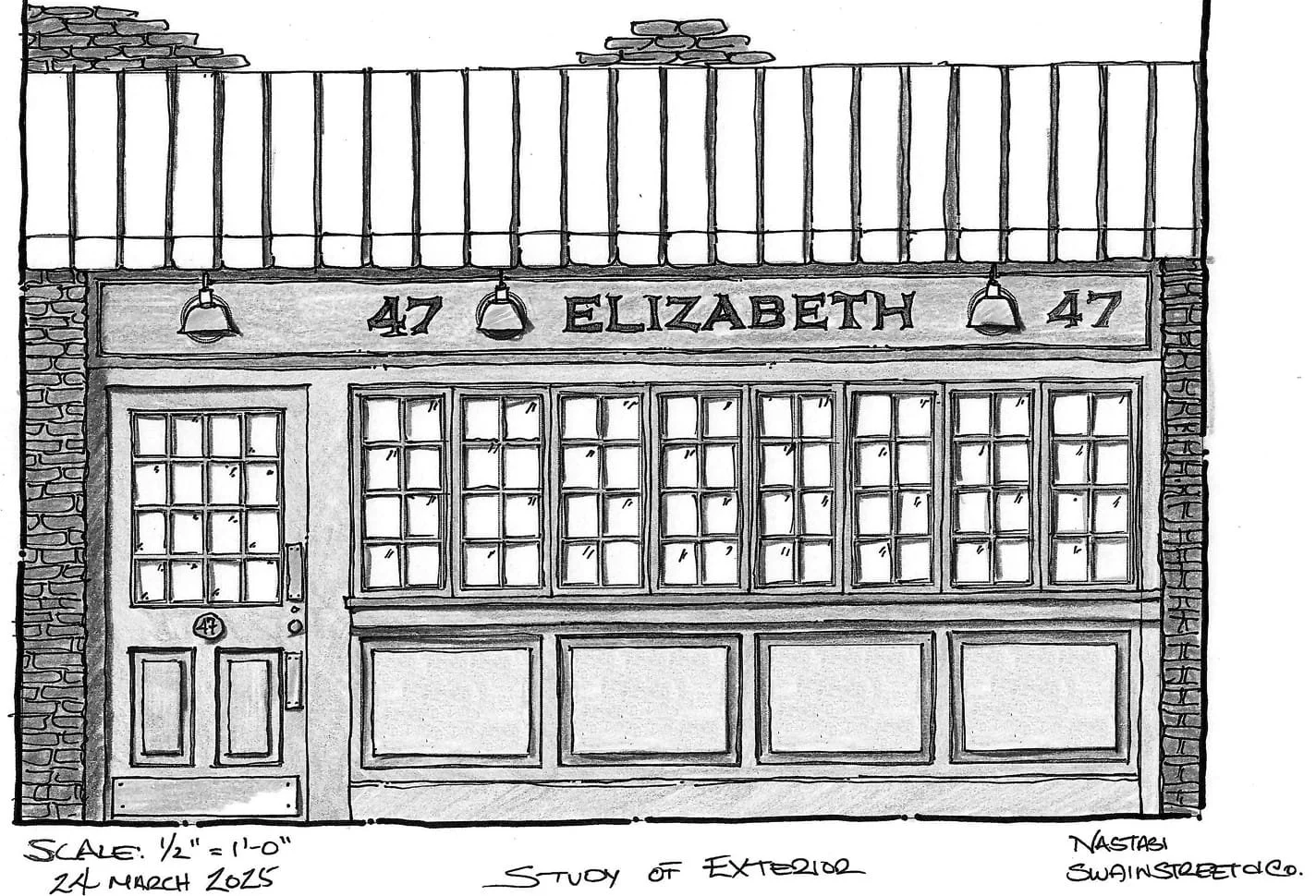 A black-and-white sketch of a storefront with the address 47 Elizabeth. The store has a door and large window panels, with a sign above reading '47 Elizabeth' with two hanging lights. The sketch notes 'Study of Exterior' and is signed by Natsabi, Swaingstreetco, dated March 24, 2015.