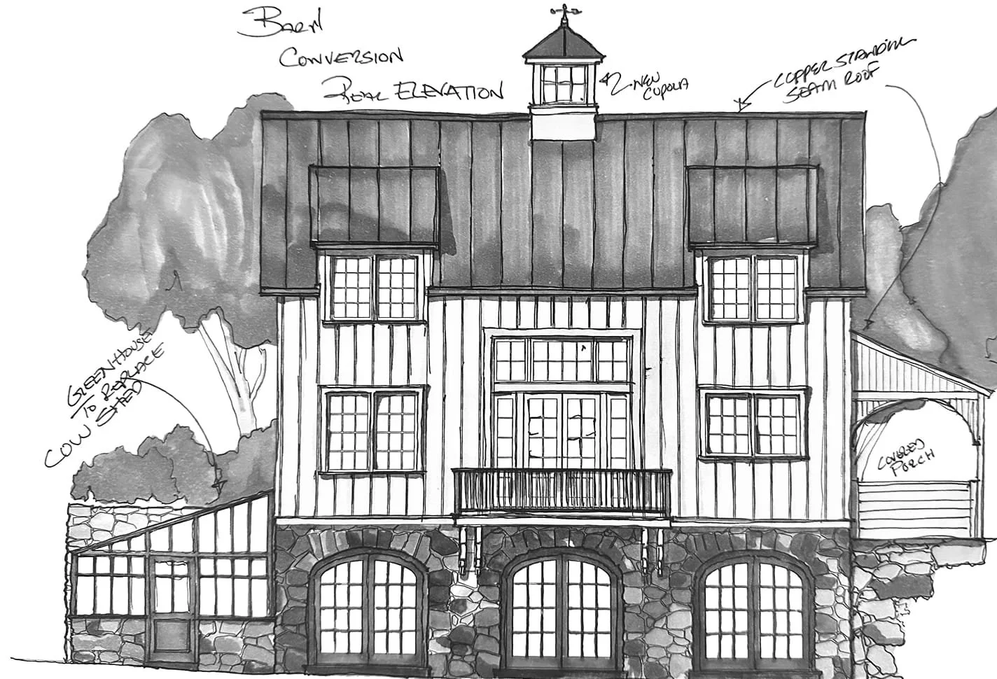 Architectural sketch of a two-story barn with a stone foundation, wooden siding, and a metal roof. The barn has a cupola on the roof, multiple windows, a porch, and handwritten notes indicating design features.