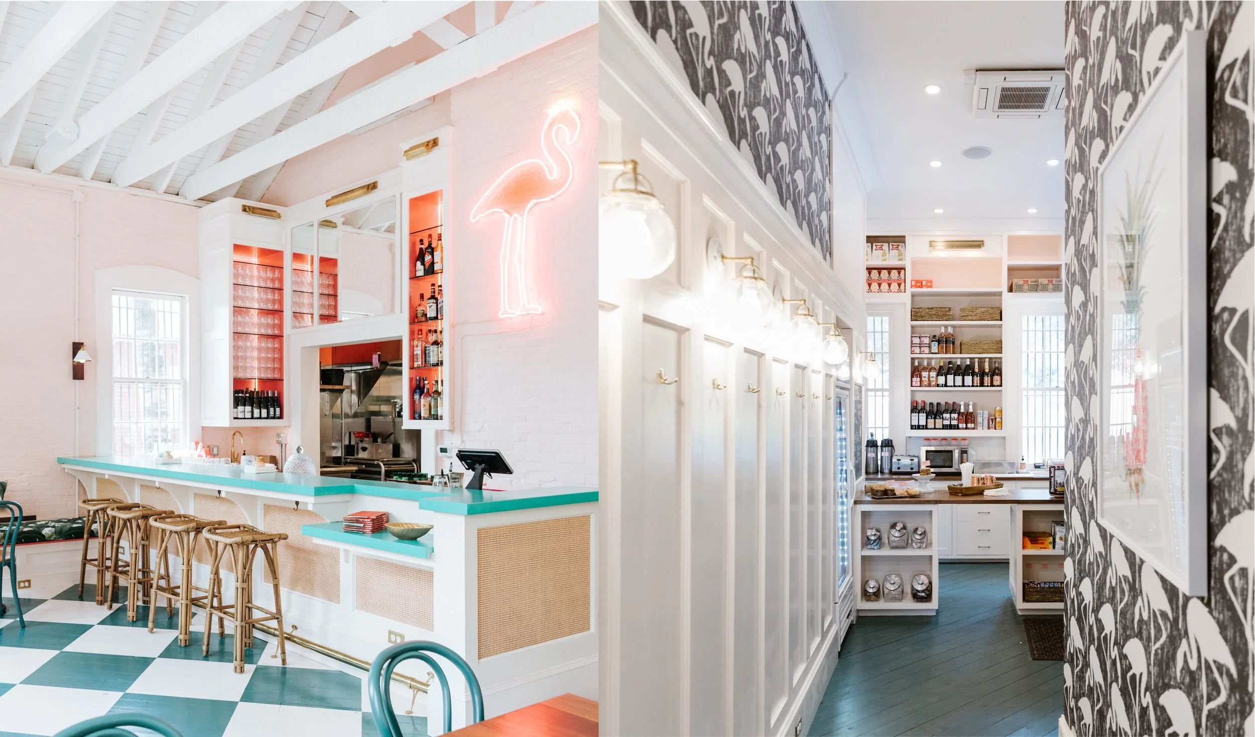 Interior of a stylish cafe with a bar on the left featuring a pink neon flamingo sign, white beams on a pink ceiling, and checkered green and white flooring. The right side shows a cozy kitchen area with white cabinets, shelves filled with bottles, j