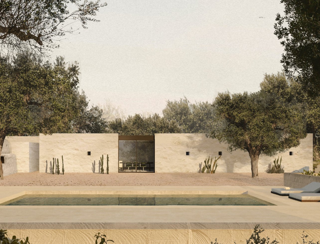 Modern house with beige walls, desert landscaping, trees, and a swimming pool in the foreground.