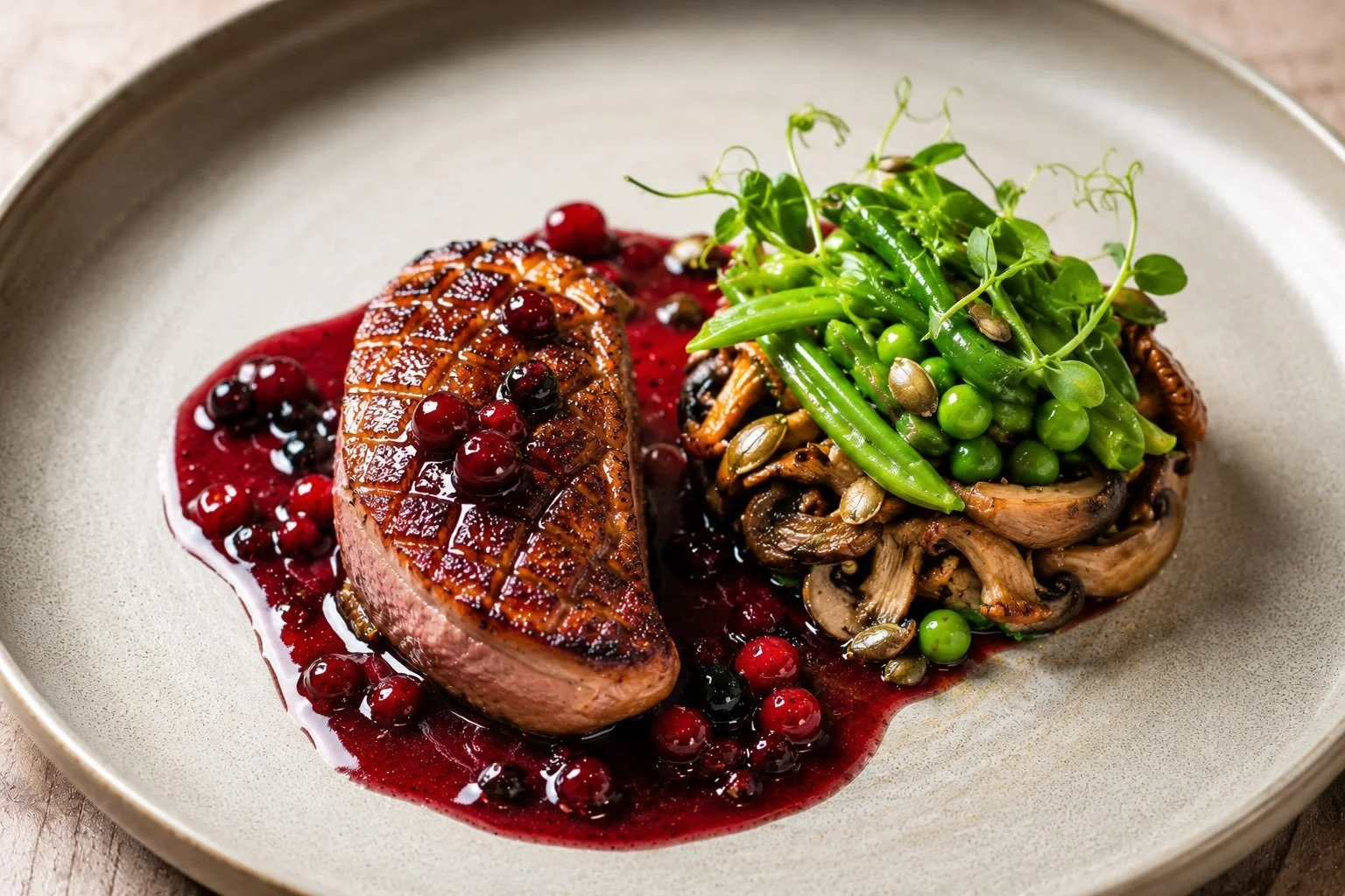 ✨ Nos mari&eacute;s se sont r&eacute;gal&eacute;s avec ce d&eacute;licieux magret de canard, saisi &agrave; la perfection, accompagn&eacute; d&rsquo;une po&ecirc;l&eacute;e de champignons des bois et de l&eacute;gumes verts croquants. Une assiette go