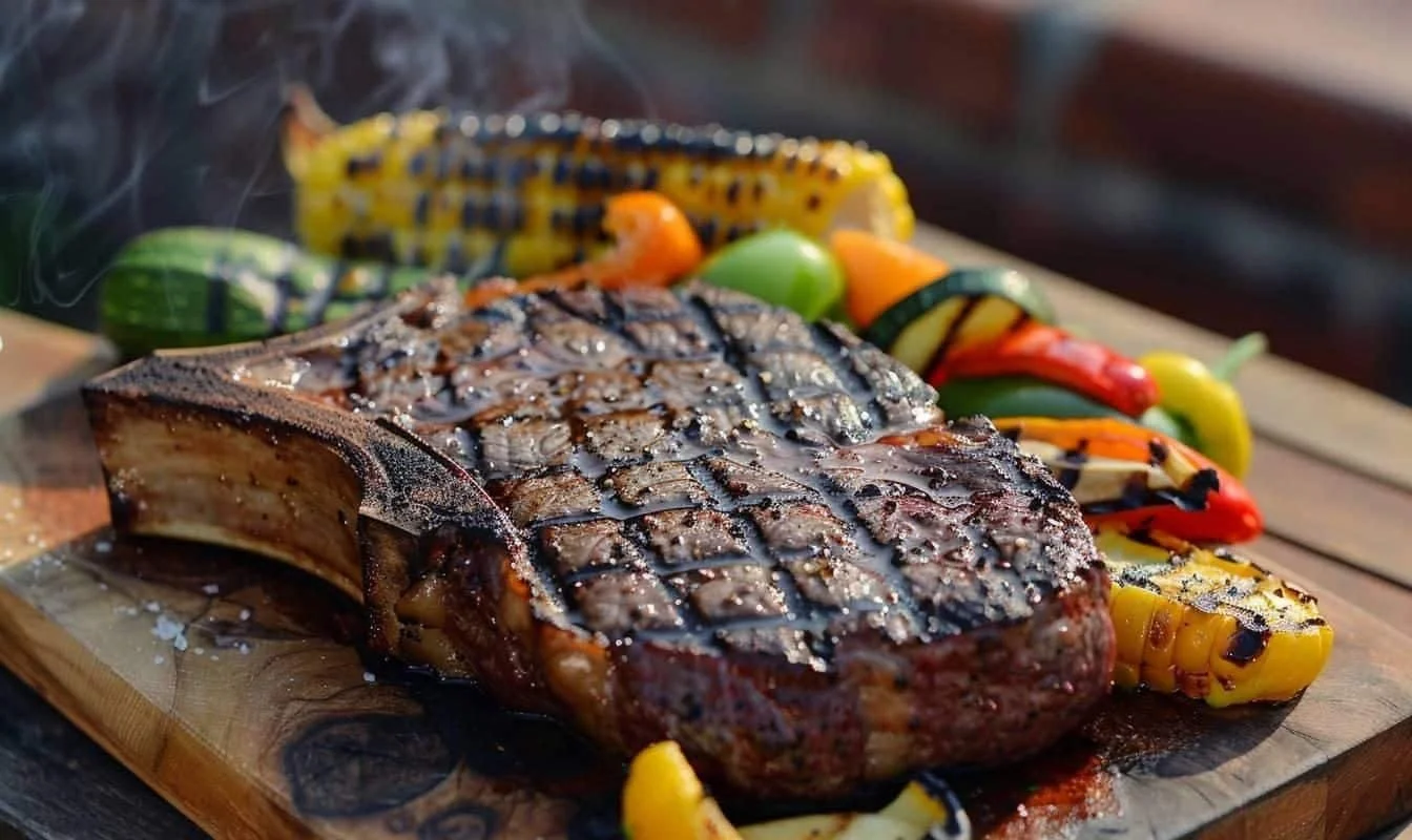 Une côte de bœuf grillée sur une planche en bois, accompagnée de poivrons grillés de différentes couleurs.