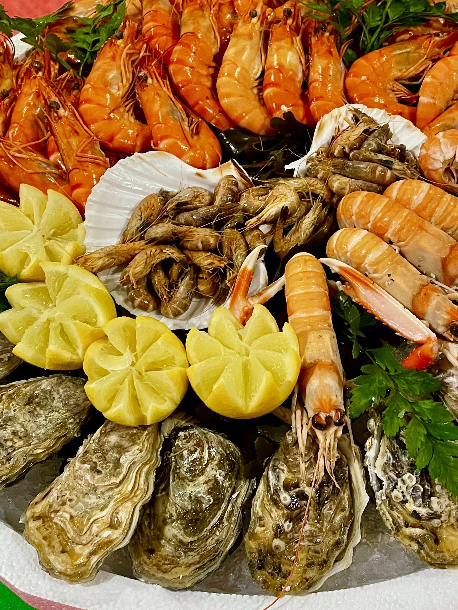 Plate de huîtres ouvertes accompagnées de citrons tranchés, crevettes, et gros gambas, garnie de persil, sur un lit de glace