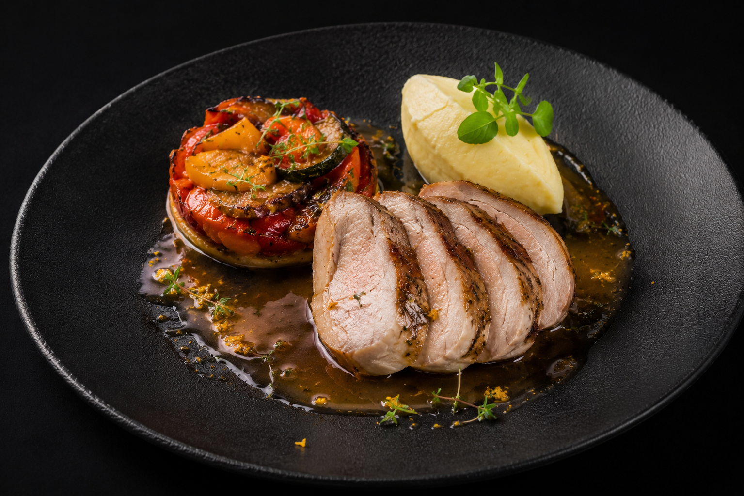Poulet filets avec purée et légumes grillés.