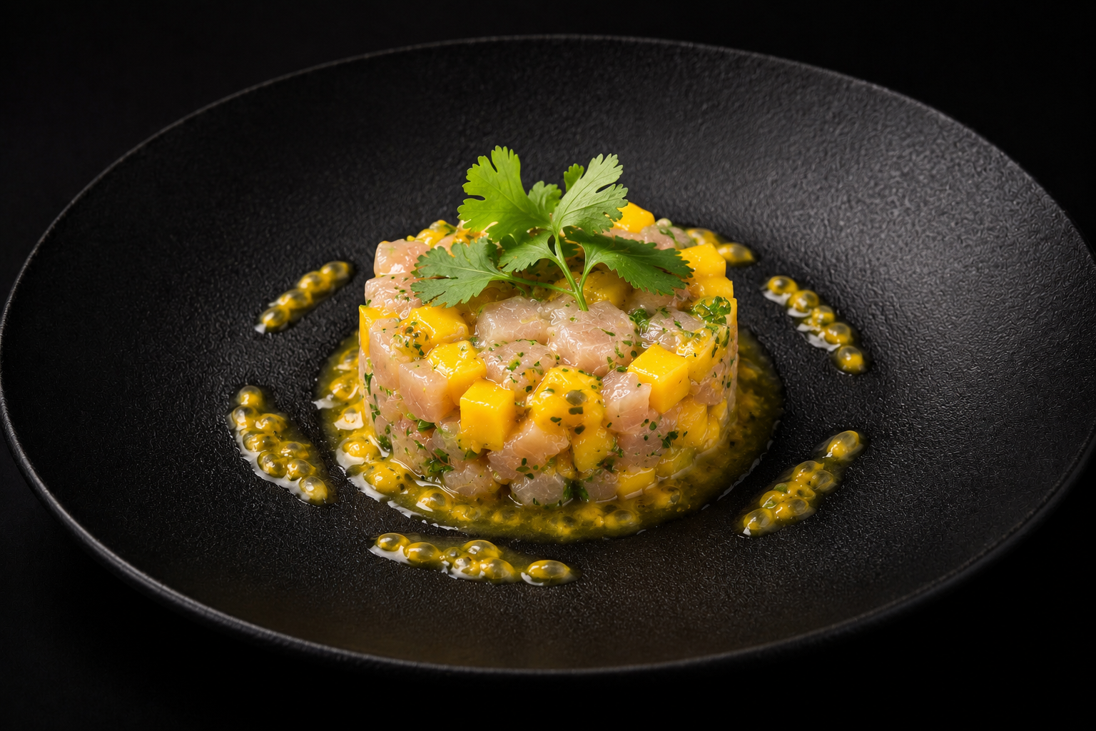 Tartare de poisson avec dés de mangue, coriandre et sauce passion