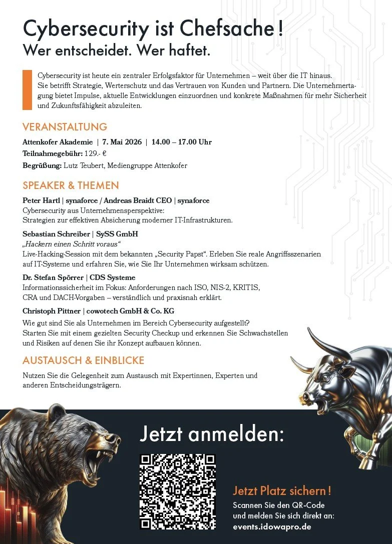 Flyer für eine Sicherheitskonferenz mit Titel 'Cybersecurity ist Chefsache!', Termindetails, Themen und Sprecherinformationen, mit QR-Code und Bären- und Bullen-Illustrationen.