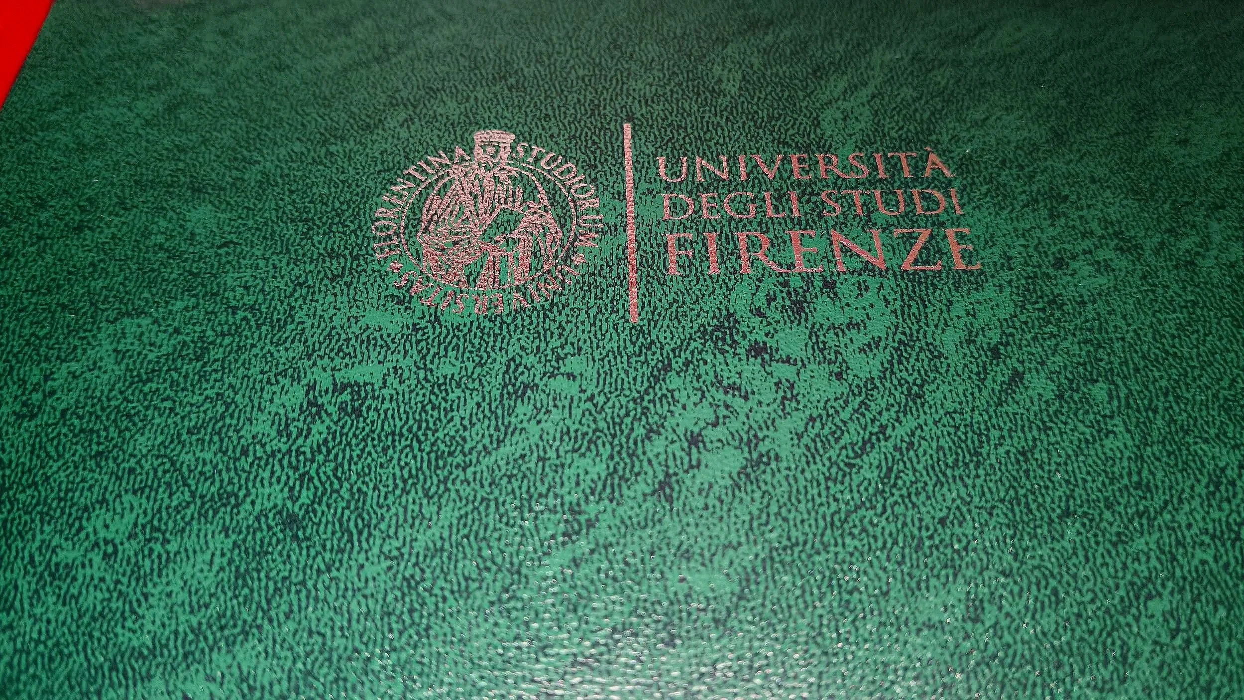 Tesi cartonata. Materiale: eco-pelle verde. Scritta: foglia d'argento.