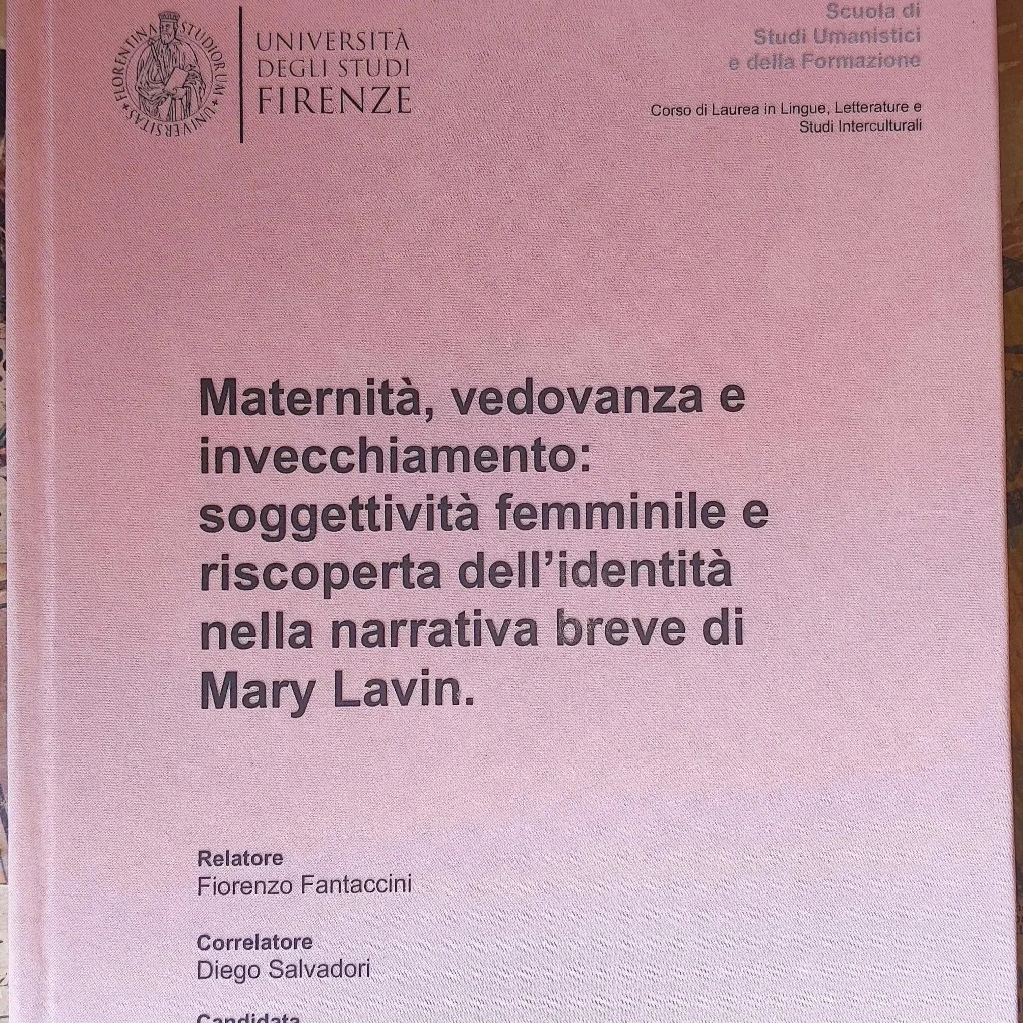 Tesi cartonata. Materiale: tessuto rosa. Scritta: inchiostro nero.