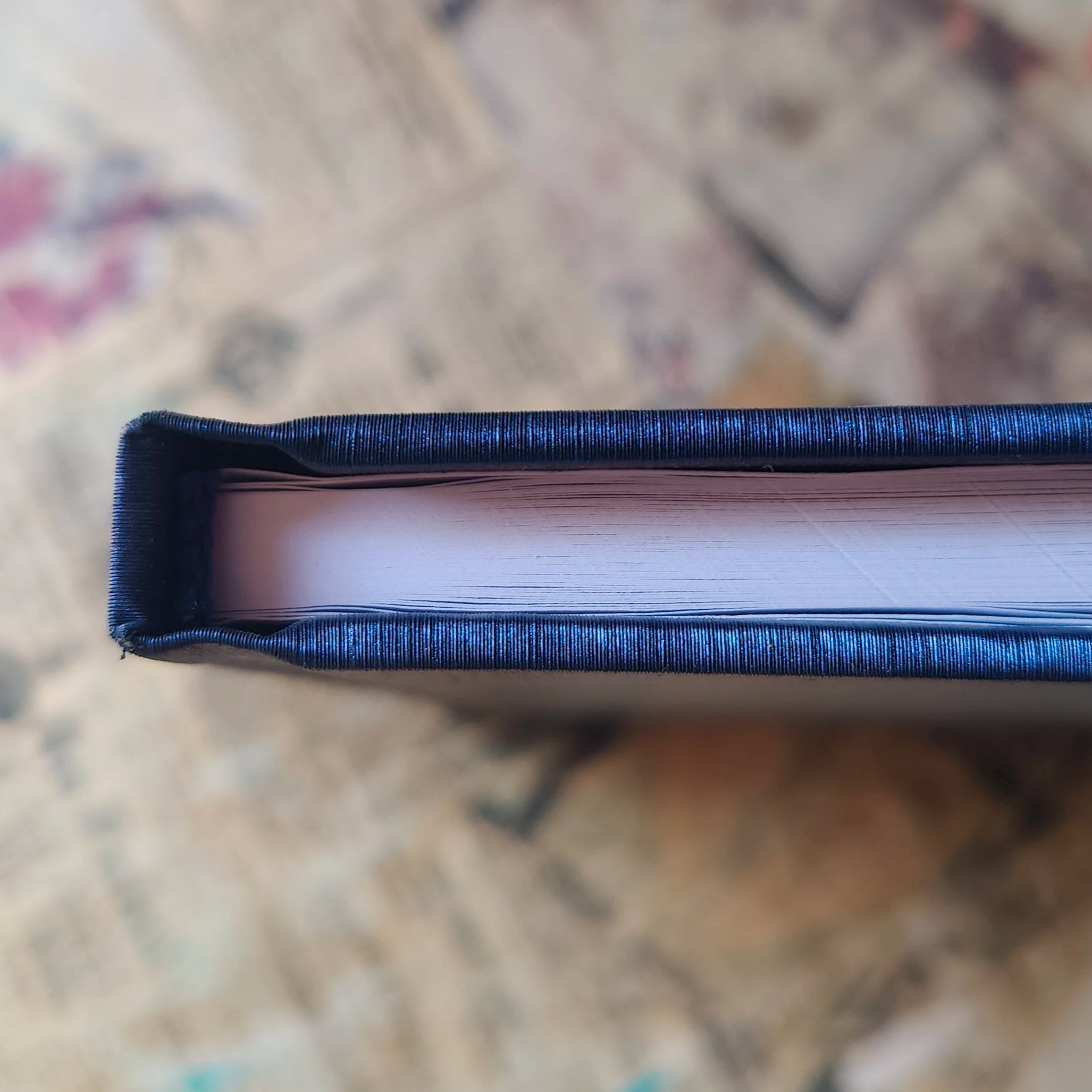 Tesi cartonata. Materiale: rigato blu. Scritta: foglia d'oro.