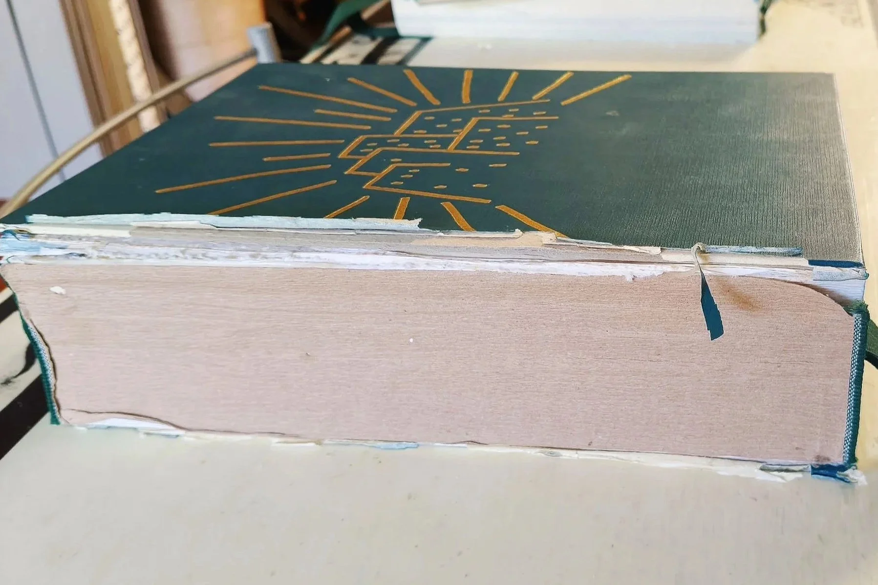 Foto di un lezionario visto di lato con dorso staccato e copertina originale in eco-pelle verde, decorata con un disegno dorato.