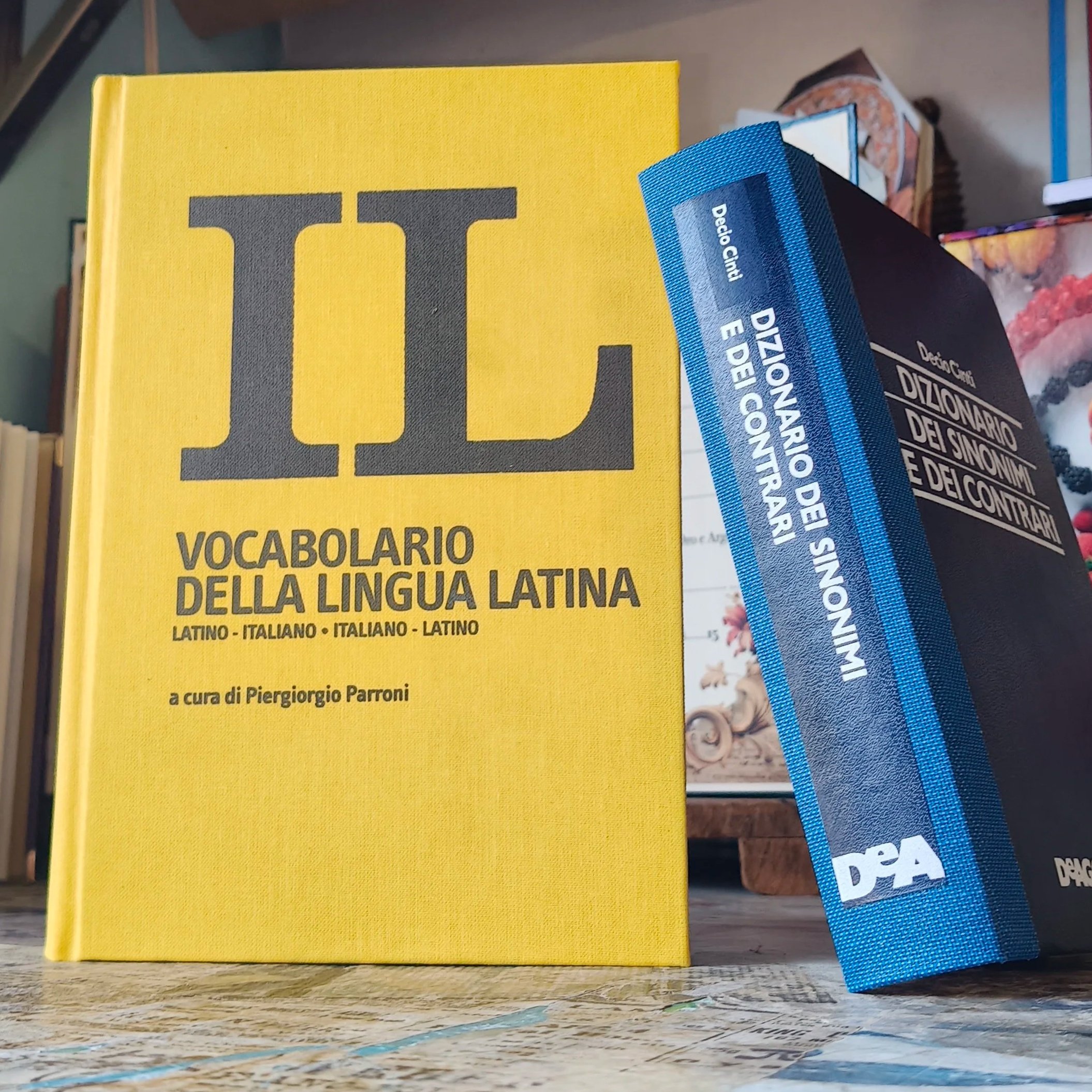 Dizionario "IL vocabolario della lingua latina " restaurato con copertina in tela gialla stampata con la scritta personalizzata nera. Accanto "Dizionario dei Sinonimi e dei Contrari" restaurato con dorso in buckram blu e copertina e dorso originali.