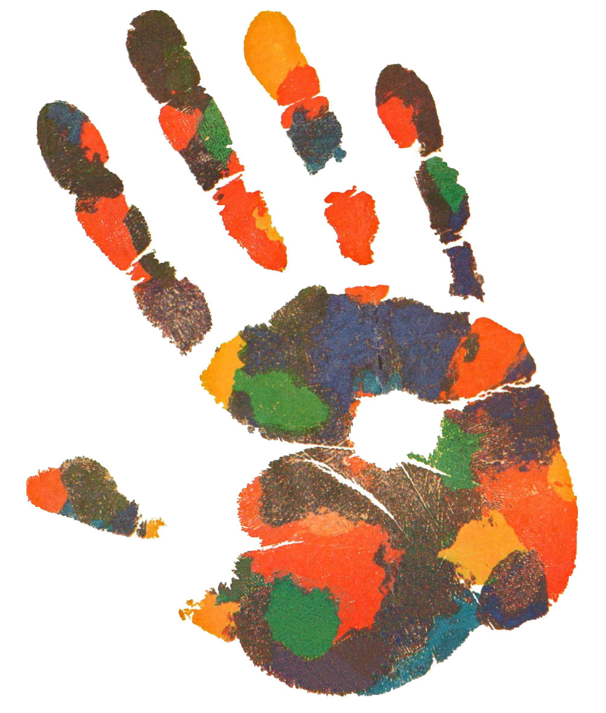 L'immagine mostra un'impronta di mano umana colorata. I colori dell'impronta (arancione, verde, blu, rosso e dettagli scuri) creano una texture a pittura acrilica o tempera.