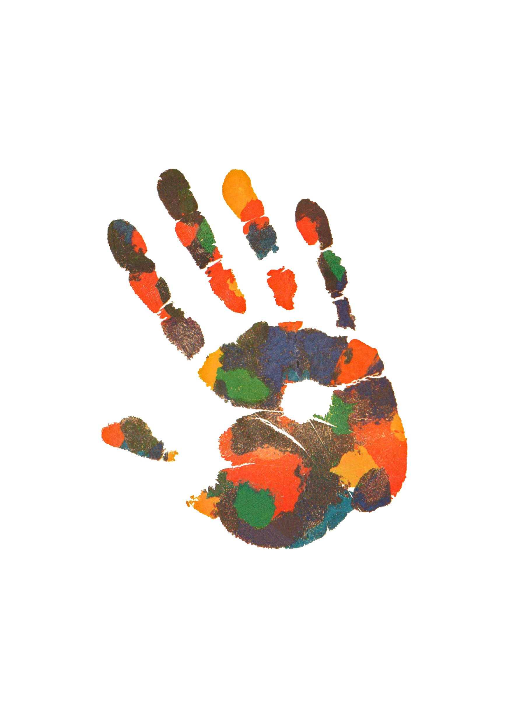 L'immagine mostra un'impronta di mano umana colorata. I colori dell'impronta (arancione, verde, blu, rosso e dettagli scuri) creano una texture a pittura acrilica o tempera.