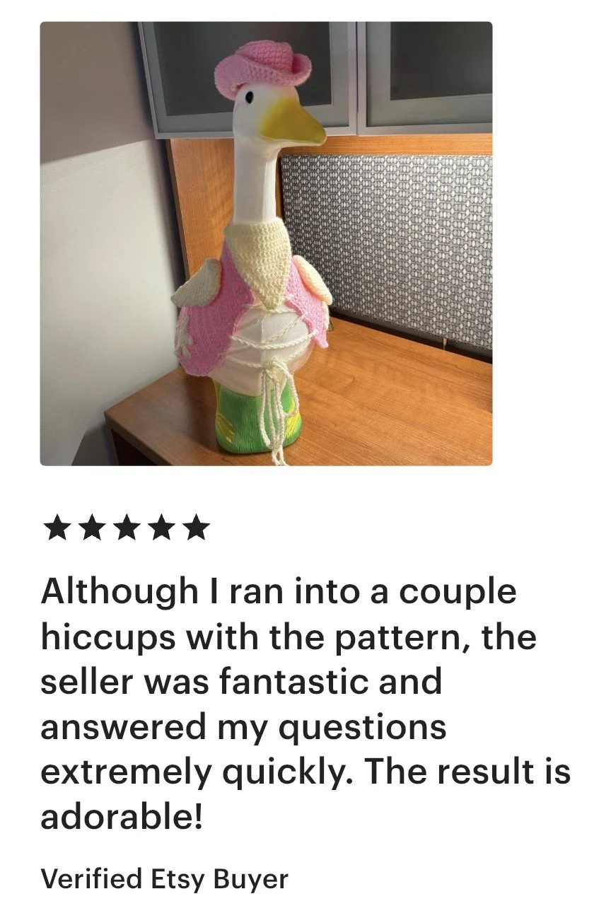 A decorative goose statue dressed in a pink knit hat, a crocheted pink and cream sweater, and green shoes, standing on a wooden surface in an interior setting.
