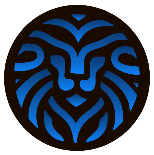 Blue and black stylized lion face logo within a circular design.