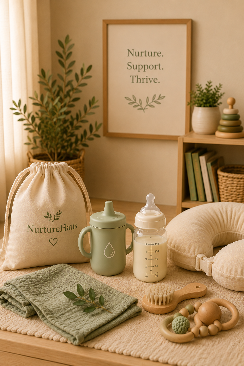 Lactation and feeding supplies including a NurtureHaus  branded bag, bottle, sippy cup, and nursing pillow, with a  poster reading "Nurture. Support. Thrive." in the background.