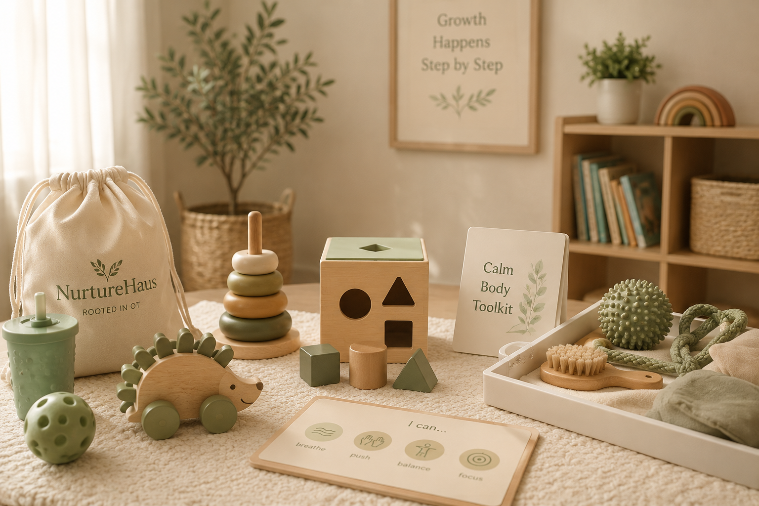 A child's play space with wooden stacking toys and shape  sorters, featuring a "Calm Body Toolkit" card and a poster reading "Growth Happens Step by Step".