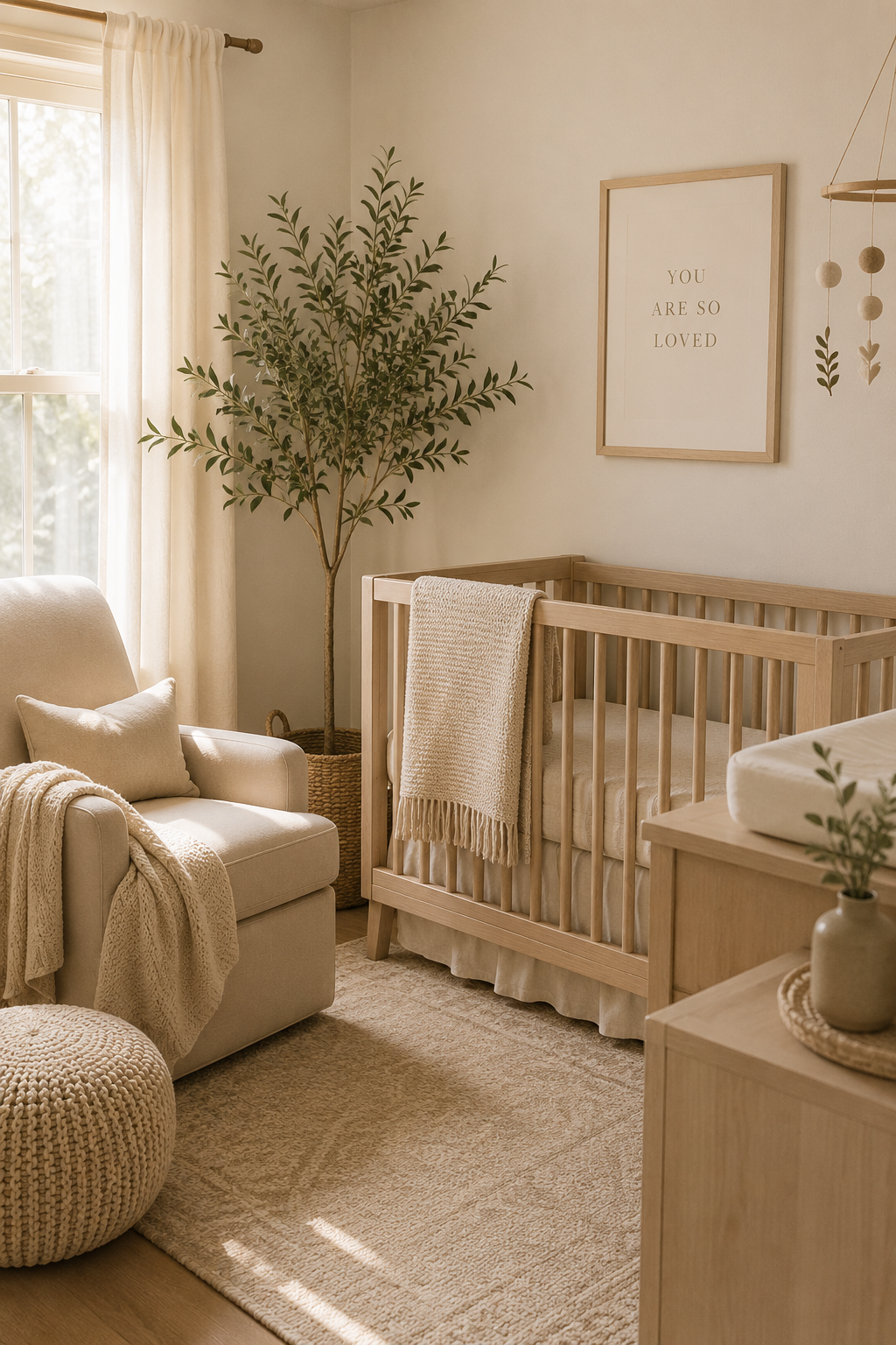 A calm nursery with a glider chair, wooden crib, and soft knit blankets, with a poster reading "You Are So Loved" on the wall.