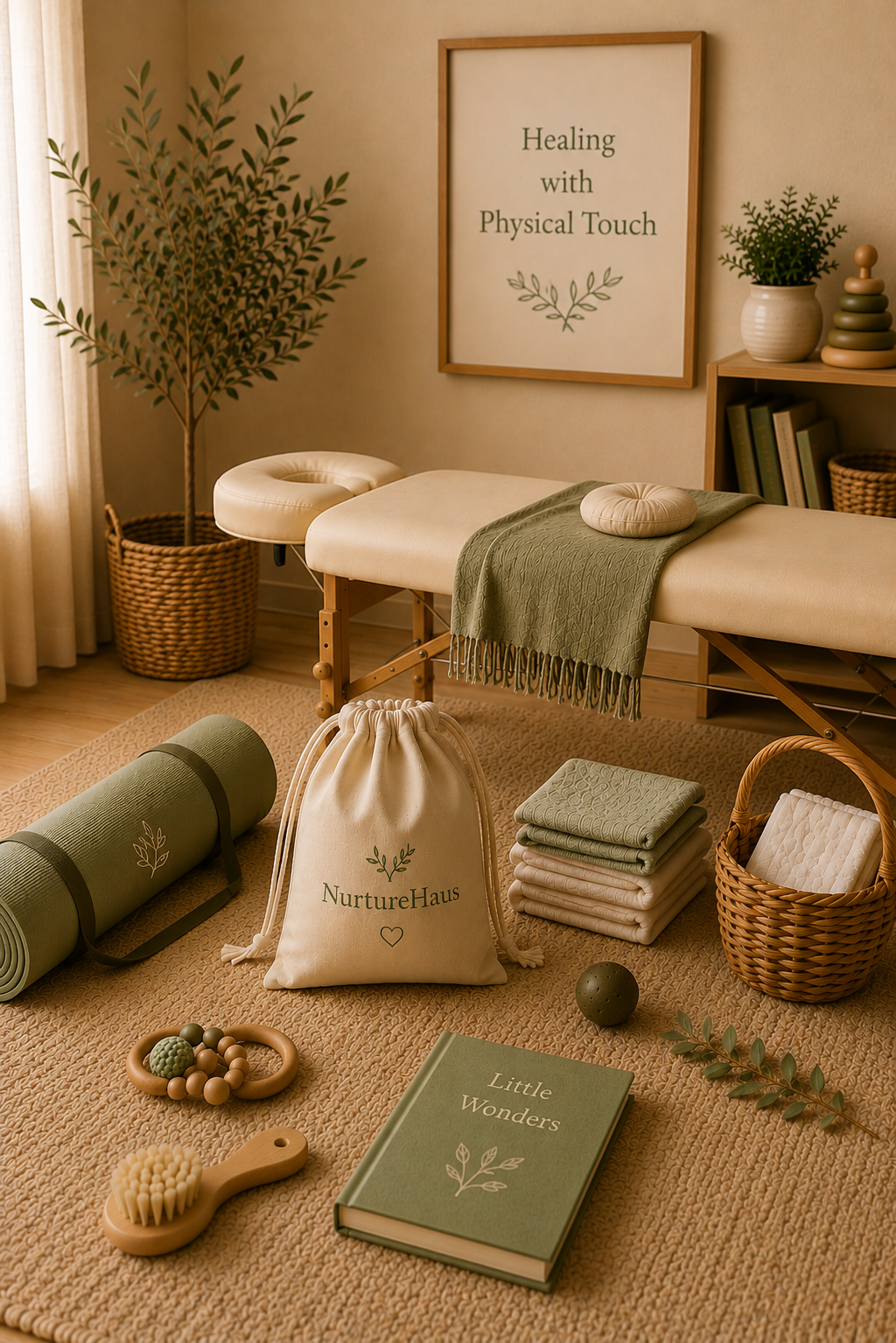 An infant bodywork setup with a massage table, NurtureHaus branded bag, the book "Little Wonders", and folded blankets, with a poster reading "Healing with Physical Touch" in the background.