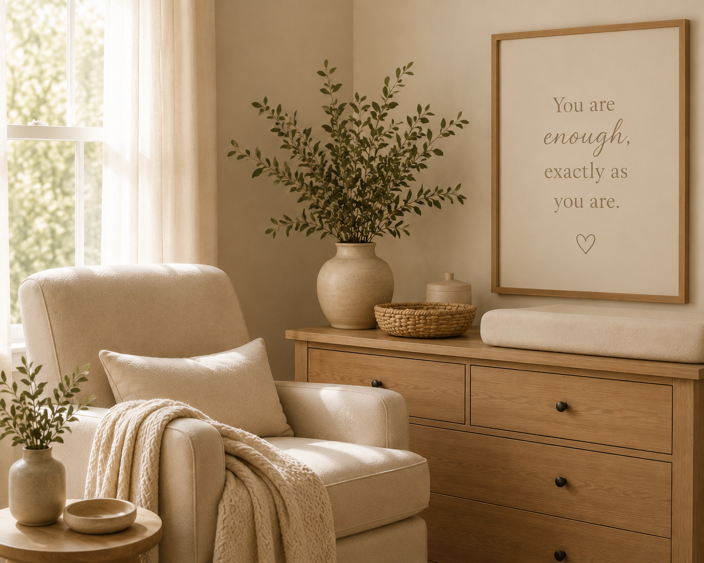 A calm nursery corner with a glider chair, wooden dresser, and a framed poster reading "You are enough, exactly as you are".