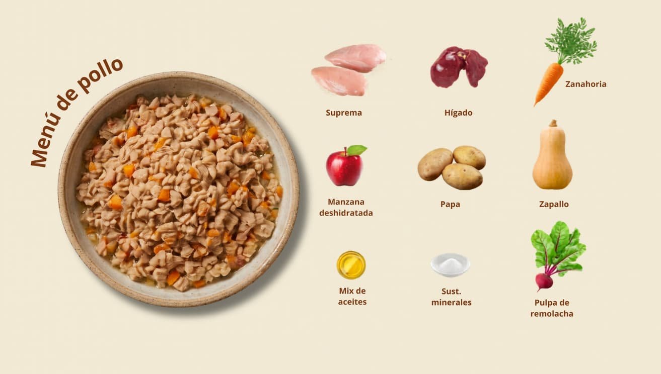 Ingredientes para un menú de pollo, incluyendo pollo, hígado, Suprema, zanahoria, manzana deshidratada, papa, zapallo, pulpa de remolacha, mezcla de aceites y sales minerales, todo dispuesto en un fondo claro con texto en español.