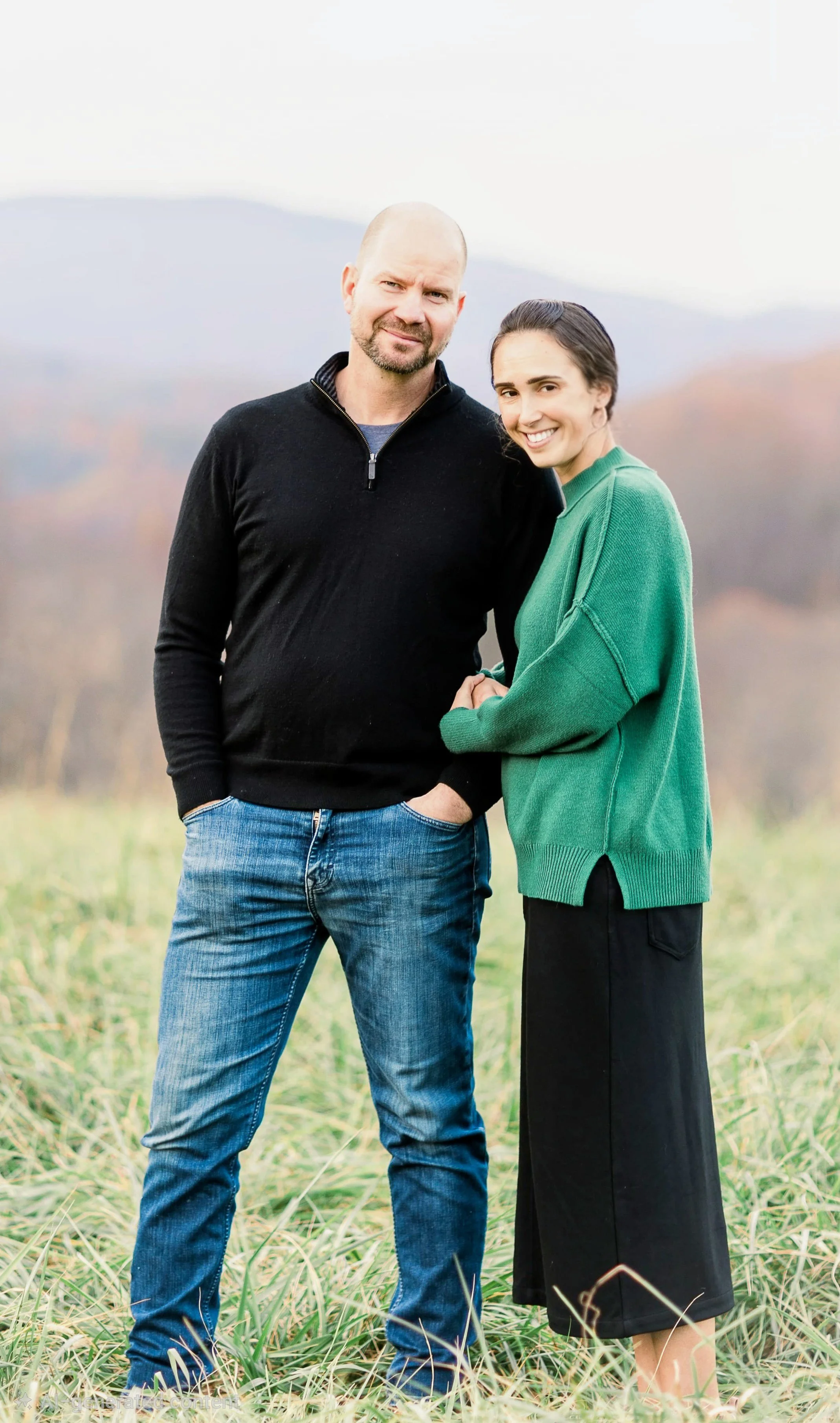 A man and woman standing in a grassy field with mountains in the background, smiling at the camera, dressed casually in sweaters and jeans.