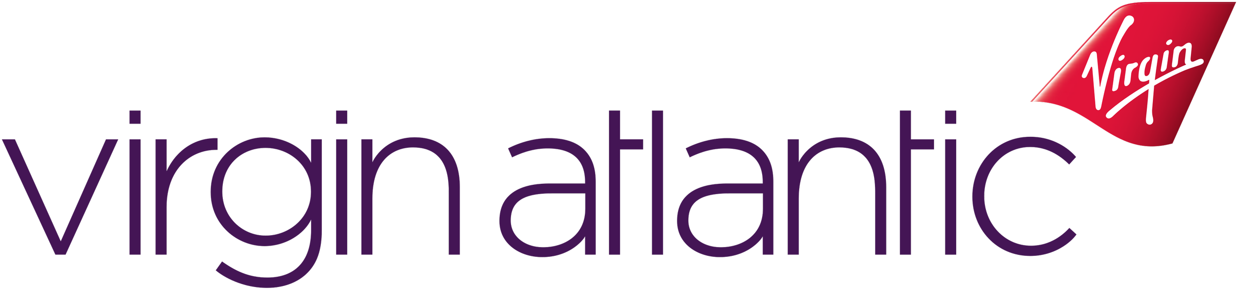 Virgin Atlantic logo with purple text and a red Virgin symbol in the top right corner.