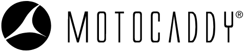 Motocaddy logo featuring a circular icon with a stylized abstract shape and the brand name 'Motocaddy' in uppercase letters.