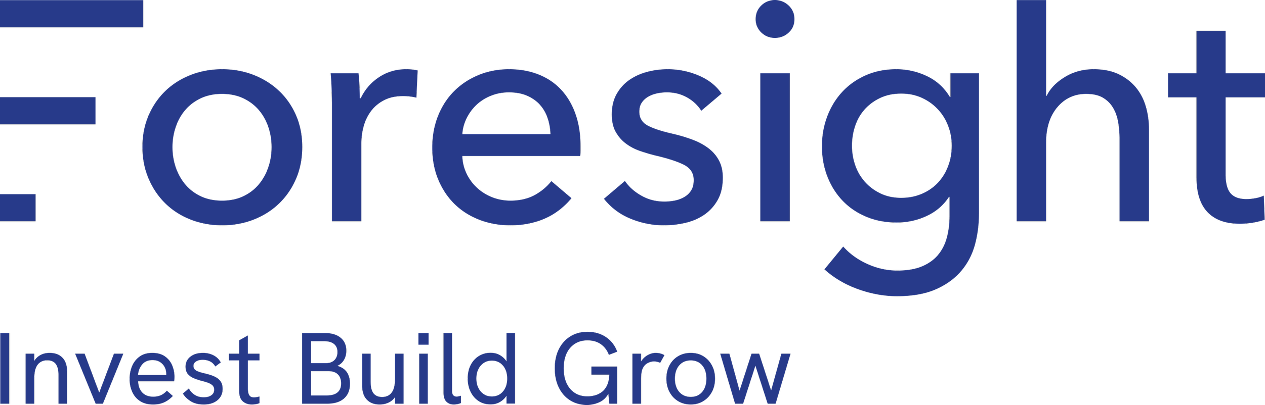 Close-up of a sign with the words 'Foresight' and the tagline 'Invest Build Grow' in blue text.