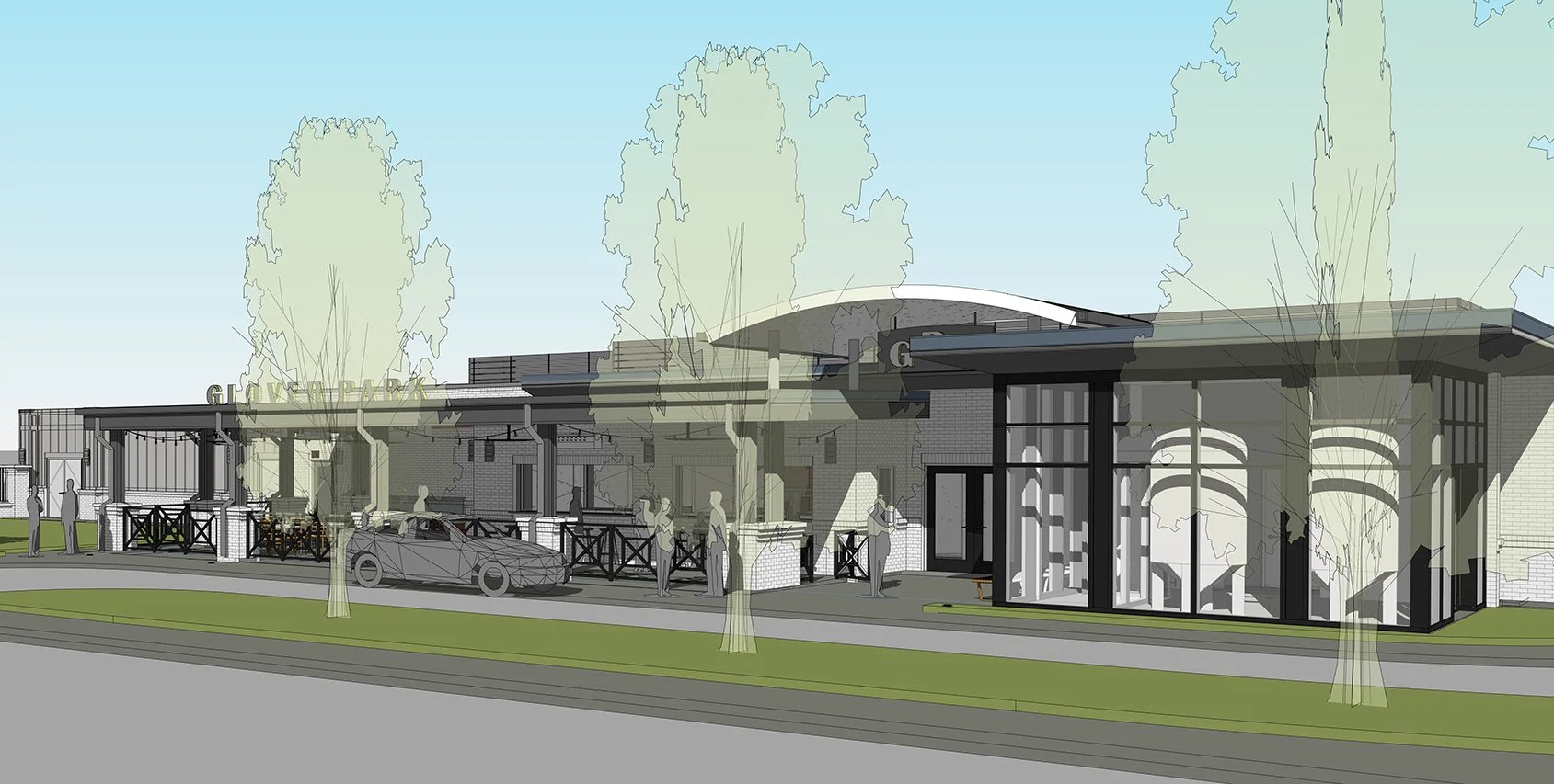 Architectural rendering of a modern commercial building with a parking lot, trees, and people outside.