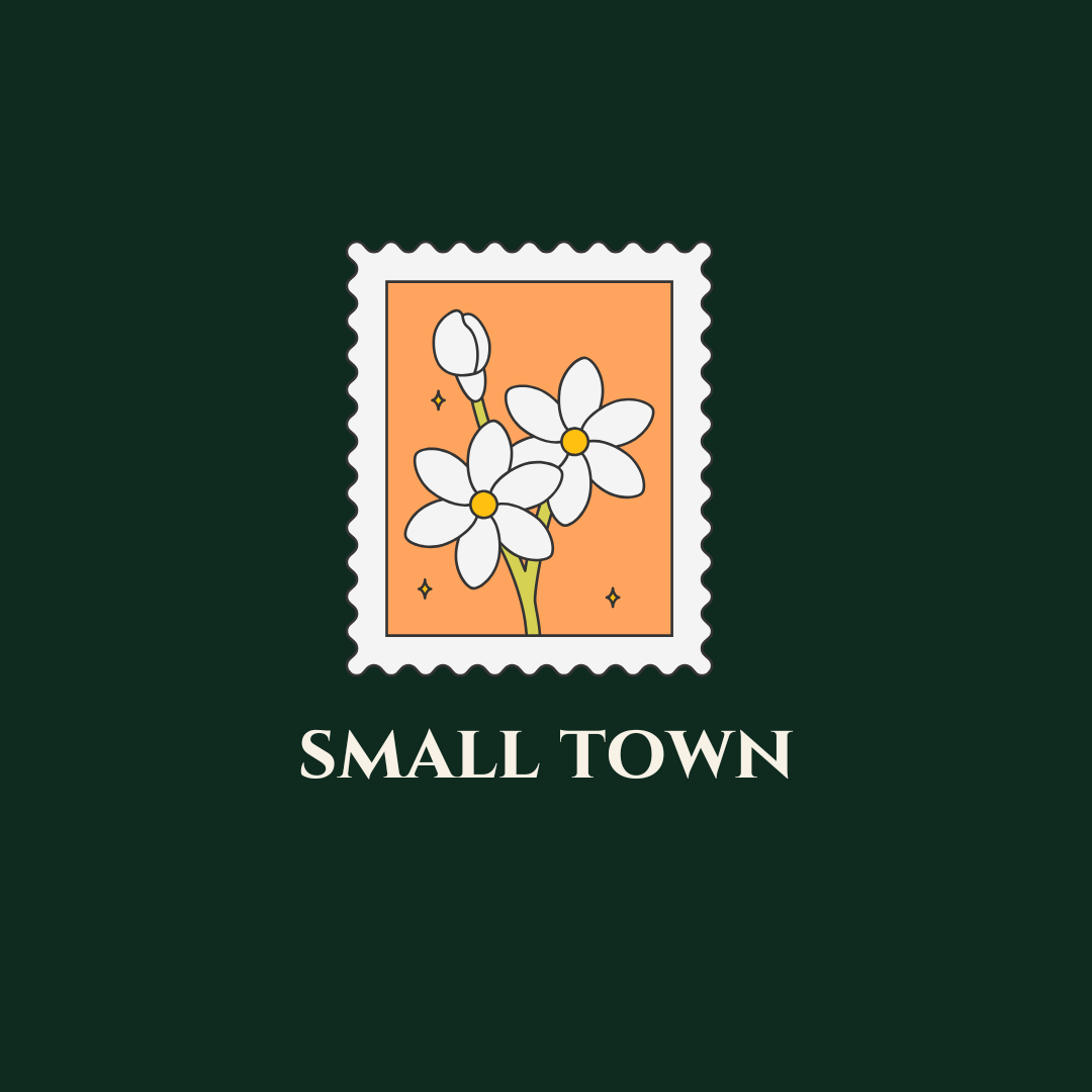 A logo featuring a stylized flower stamp with white flowers on an orange background, and the text 'SMALL TOWN' below.