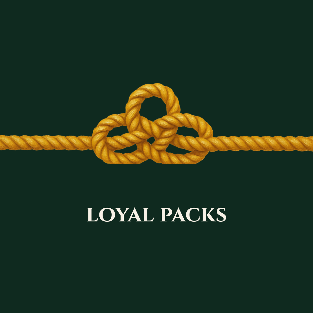 Image of a yellow rope tied in a knot with the words 'LOYAL PACKS' written below on a dark green background.
