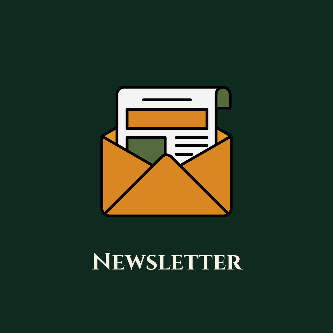 Illustration of an open envelope with a newsletter inside, on a dark green background, with the word 'Newsletter' written below.