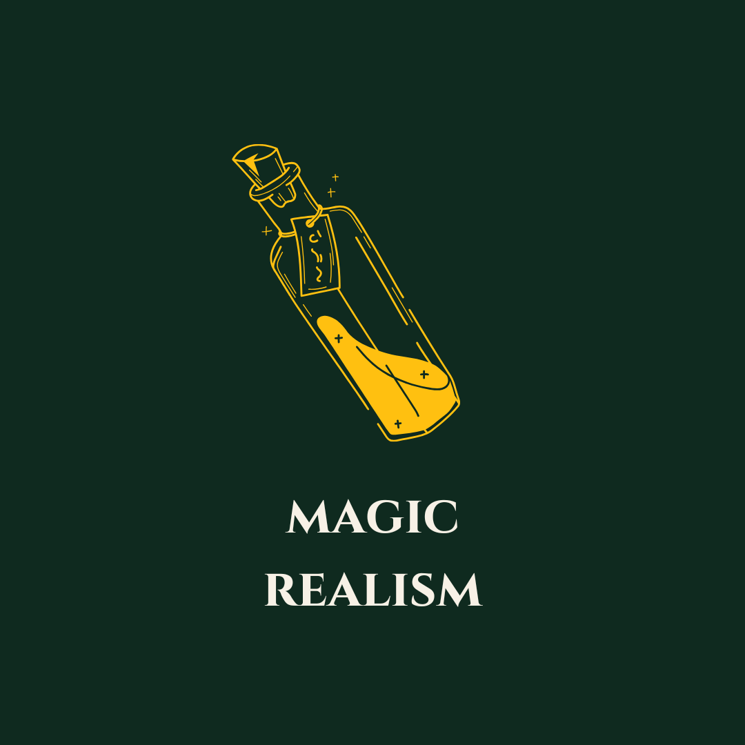 A graphic illustration of a magic potion bottle with a yellow liquid inside, accompanied by the text 'MAGIC REALISM' on a dark green background.