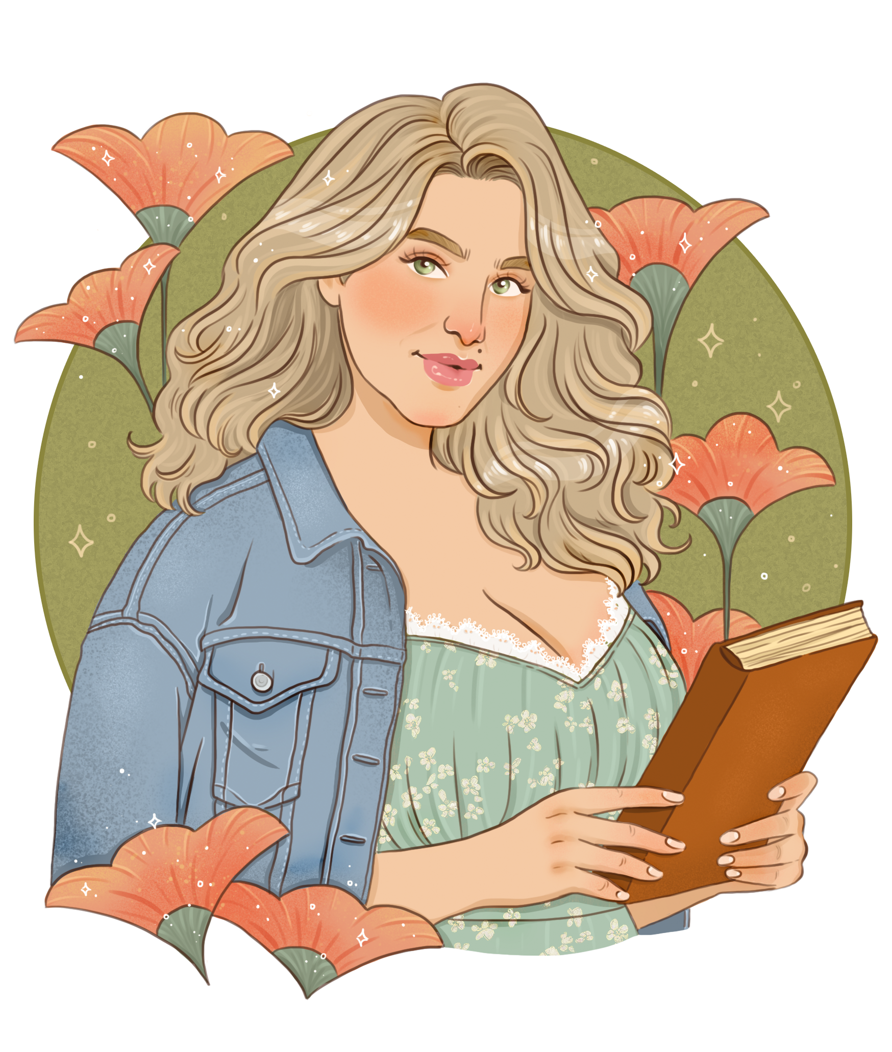 Illustration of a woman with long, wavy blonde hair, green eyes, and pink lips, wearing a denim jacket and a green top with floral pattern, reading a book surrounded by orange lilies and sparkles.