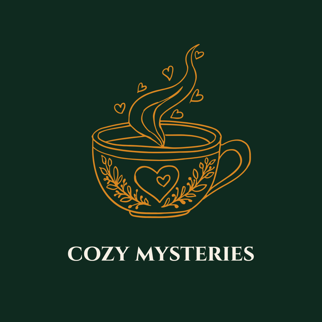 An illustration of a steaming coffee cup with heart and leaf decorations, and the text 'Cozy Mysteries' beneath it.