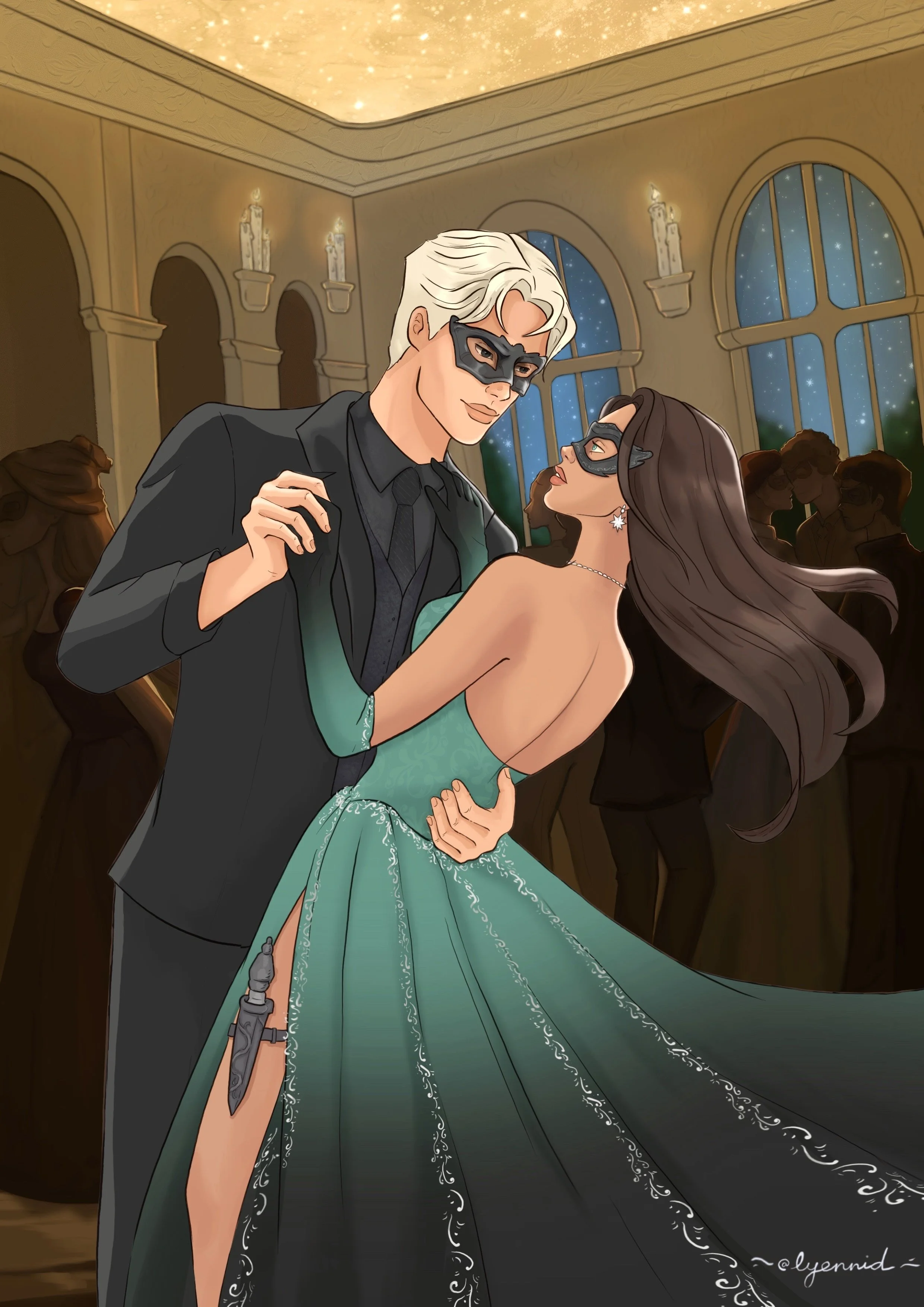 An animated couple dancing at a ball inside a grand hall with large windows showing a starry night sky, ornate wall sconces, and a decorated ceiling. Both are wearing masks and formal attire, with the woman in a green gown and the man in a black tuxedo.