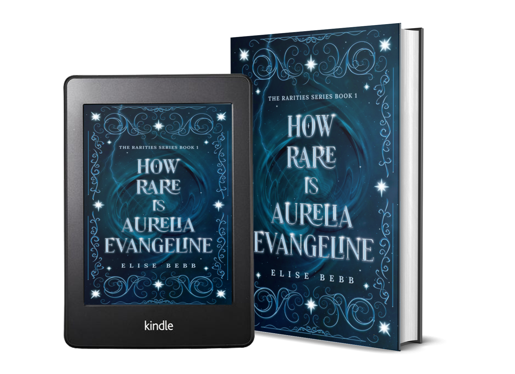 Book cover titled "How Rare Is Aurelia Evangeline" by Elise Bebb in digital and hardcover formats with a blue, starry, swirling design.