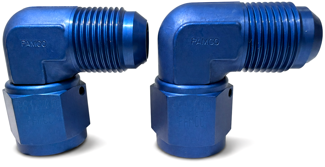 Two blue plastic pipe fittings with threaded ends and brand markings.