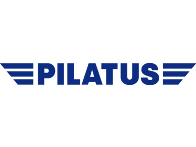 The logo of Pilatus, a Swiss aircraft manufacturer, features the company name in bold blue letters with stylized wings on either side.