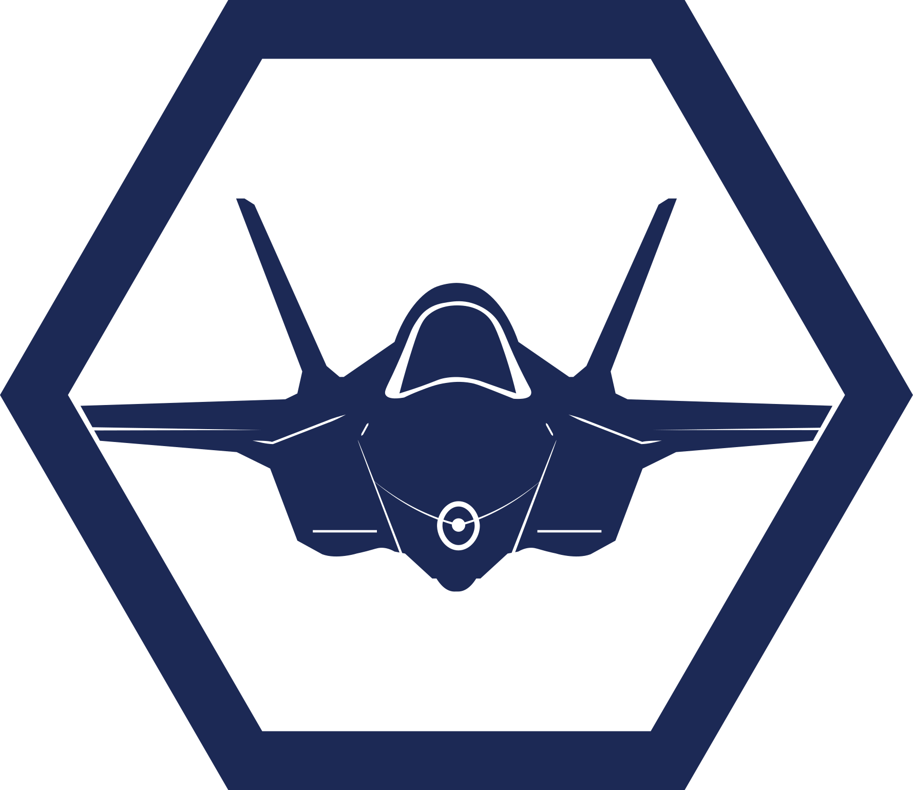 The image depicts a stylized outline of a fighter jet inside a geometric shape resembling an octagon with a dark blue color scheme.