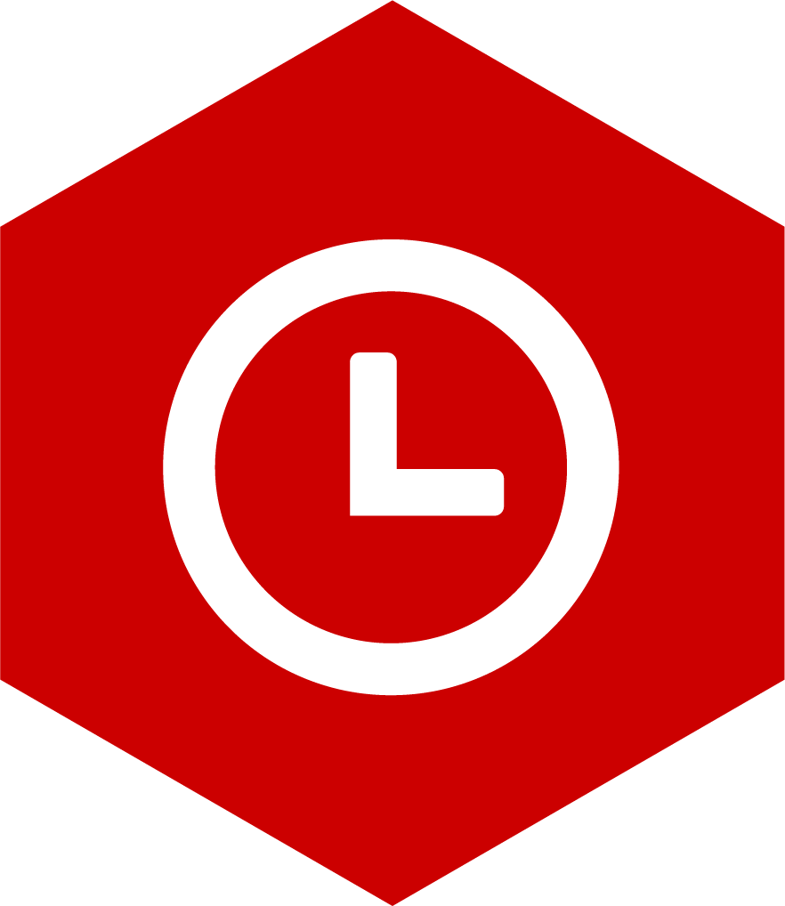 Red hexagon with a white circle and a white clock face showing 3 o'clock.