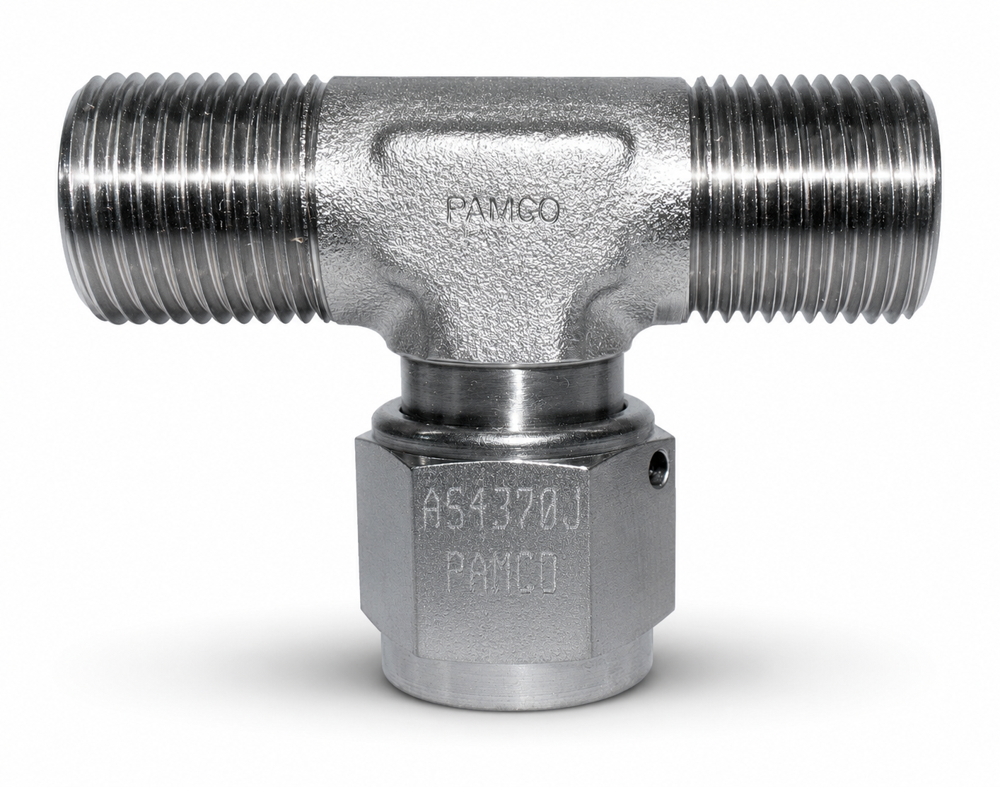 Metal T-shaped pipe fitting with threaded ends and embossed markings.