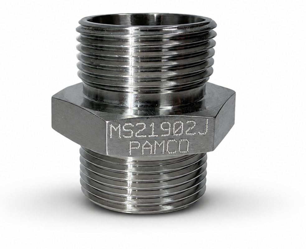Metal threaded pipe fitting with engraved text 'MS21902J PAMC0' on the side.