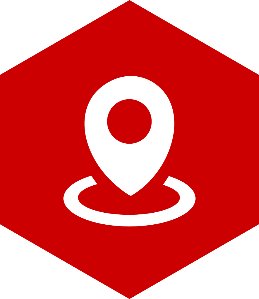 Red hexagon with a white location pin icon in the center.