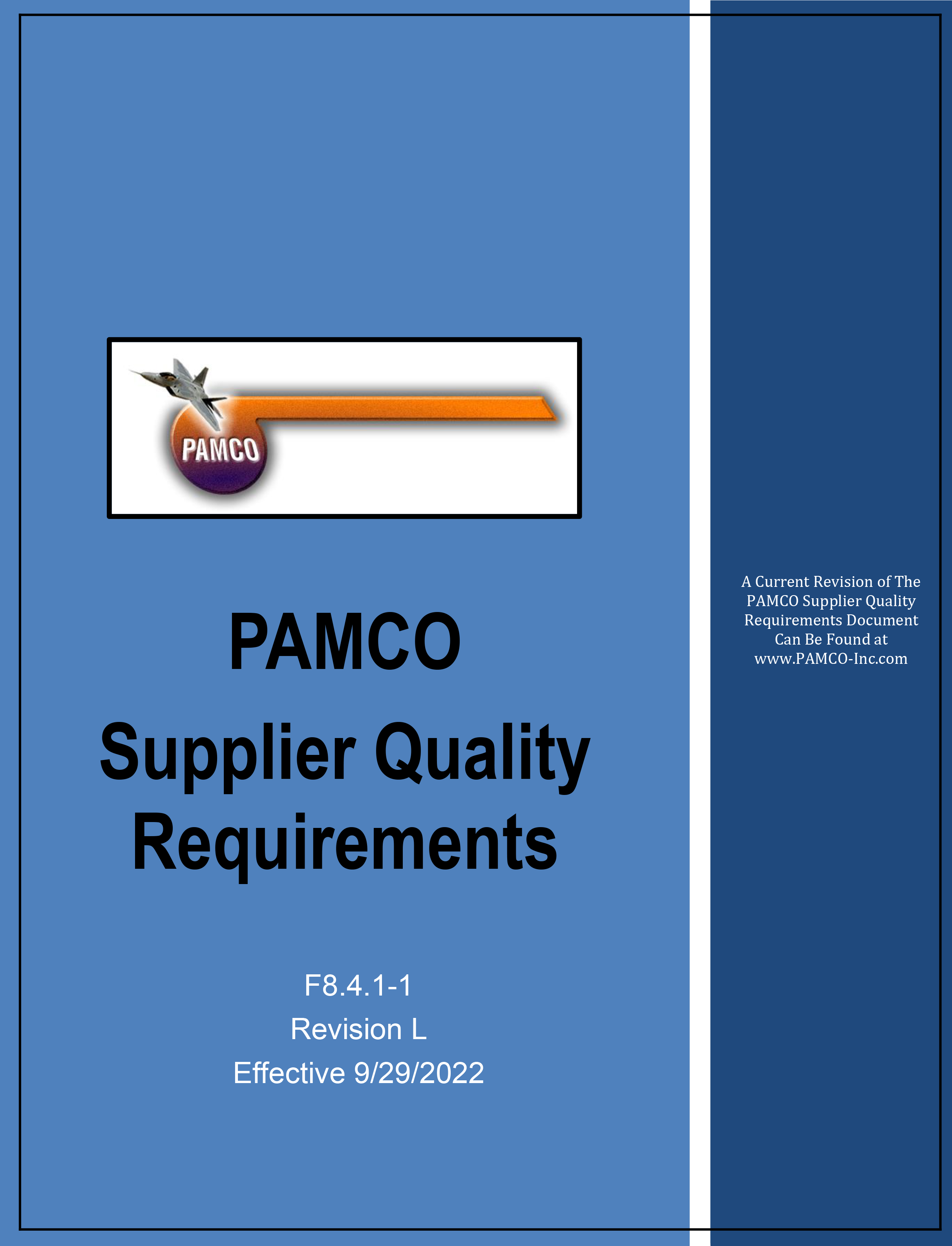 Cover page of the PAMCO Supplier Quality Requirements document with a blue background, featuring a logo with a bird and the text 'PAMCO' and a directional arrow.