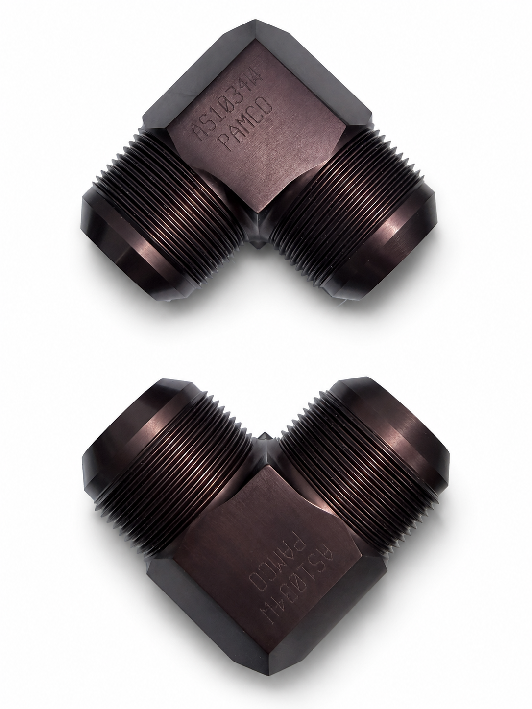 Two black threaded pipe fittings with engraved markings, arranged symmetrically on a white background.