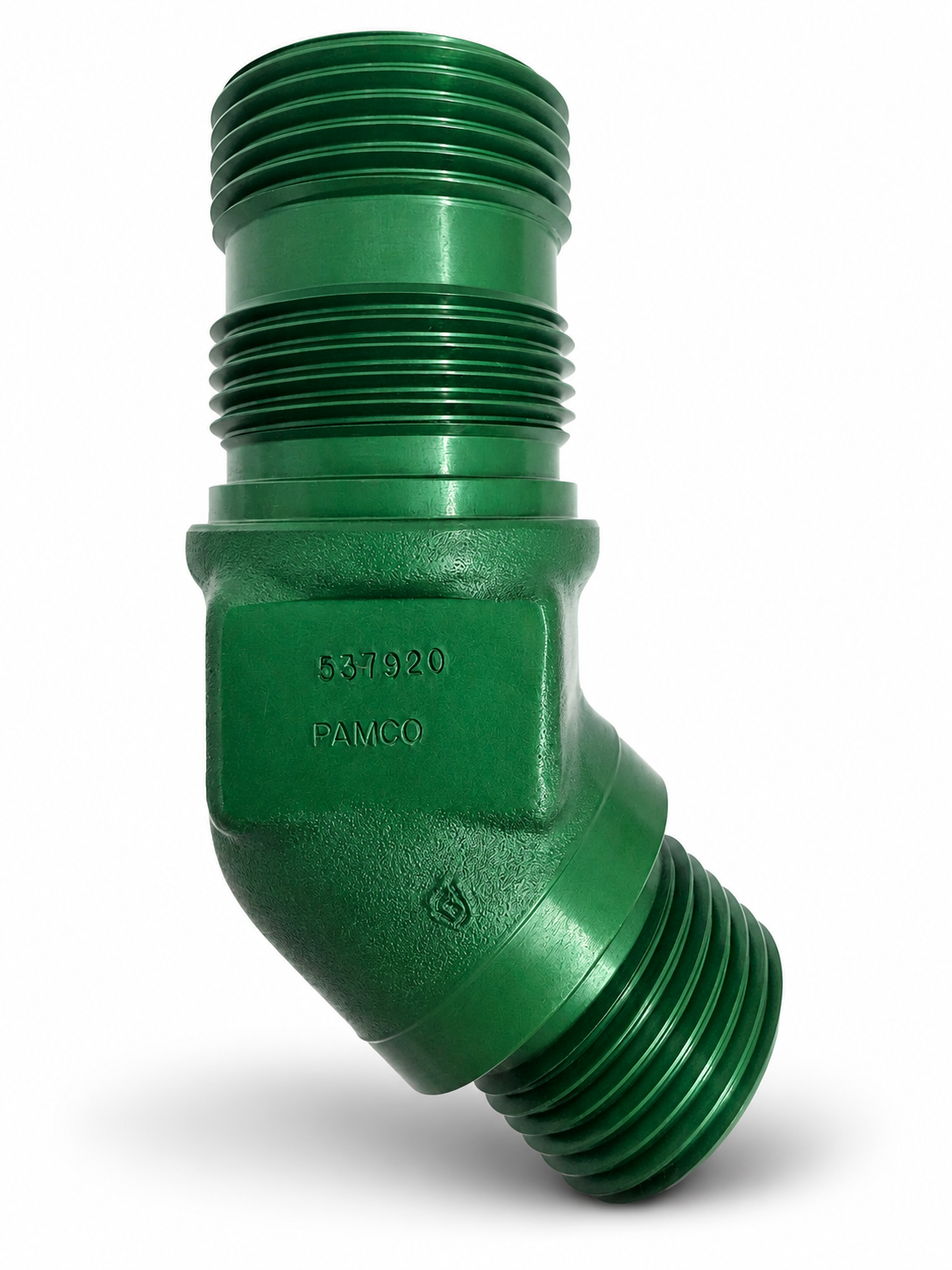 Green rubber pipe connector with threaded ends, marked with the number 537920 and the brand name PAMCO.