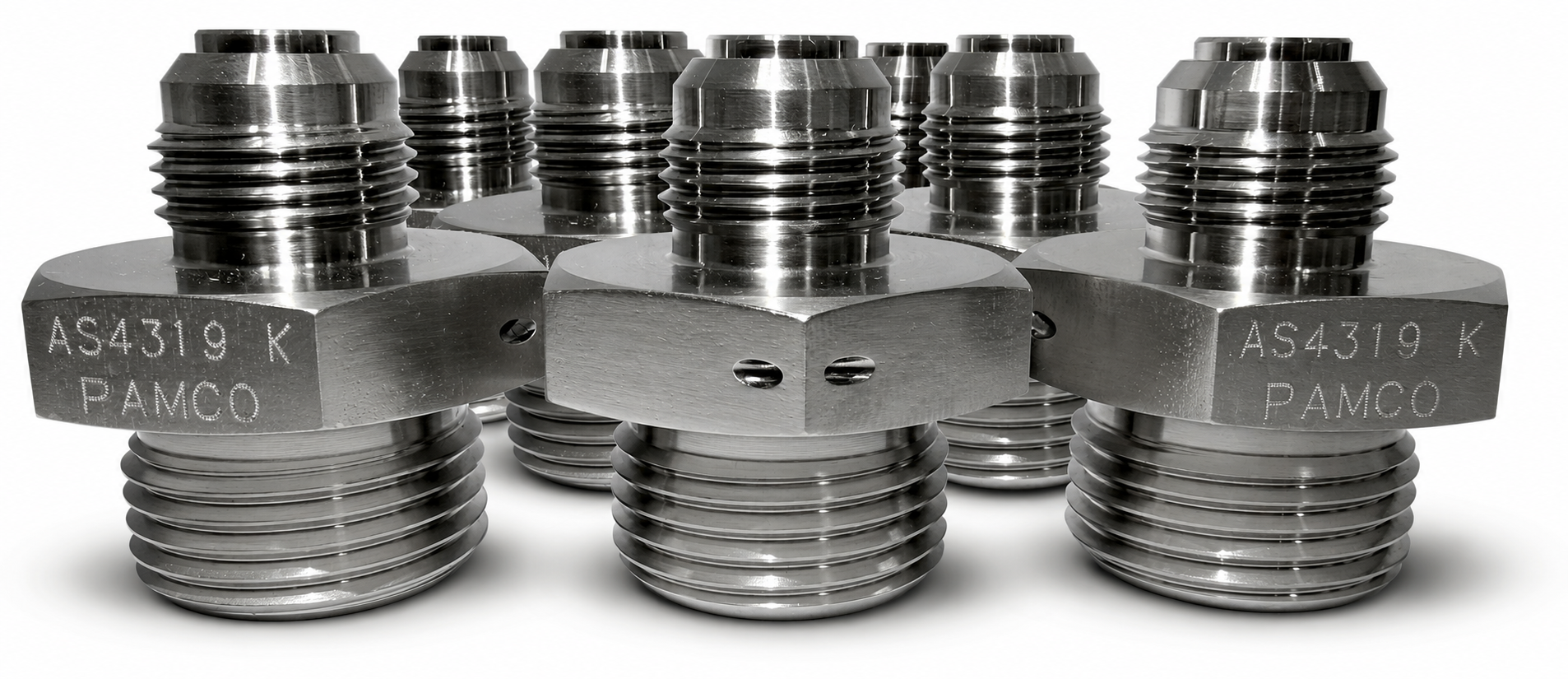 Metal industrial components with threaded ends labeled AS4319 K and PAMCO, arranged in a symmetrical pattern.